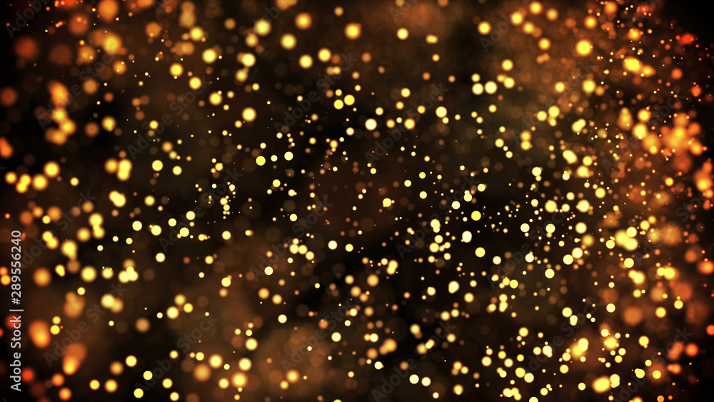 Poster composition of gold particles with a depth of field 3d render