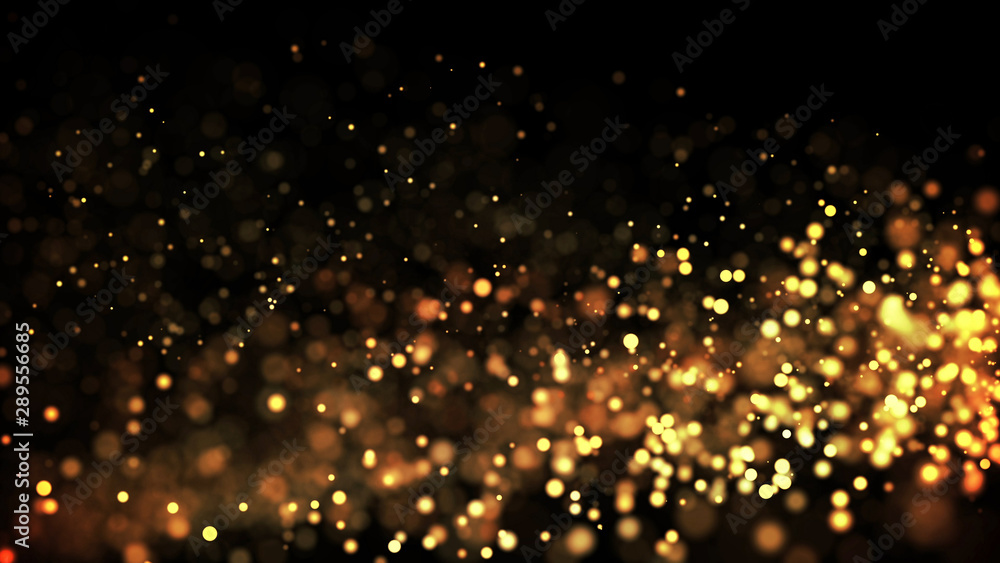 Poster composition of gold particles with a depth of field 3d render