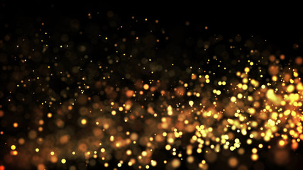 composition of gold particles with a depth of field 3d render