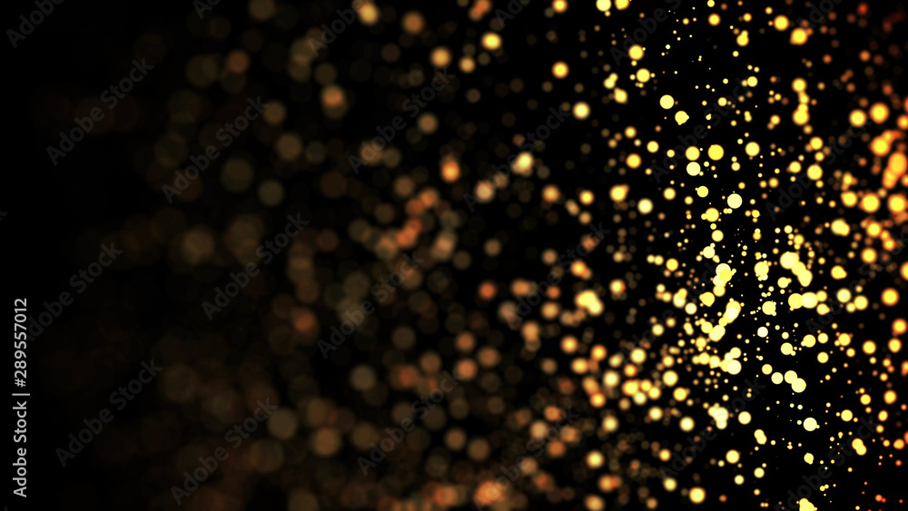 Poster composition of gold particles with a depth of field 3d render