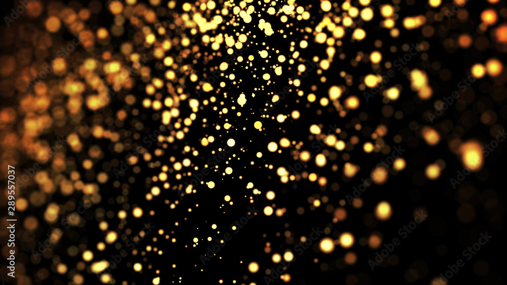 Poster composition of gold particles with a depth of field 3d render
