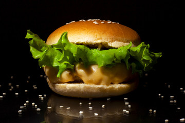 Fast food concept: fresh tasty burger on dark background