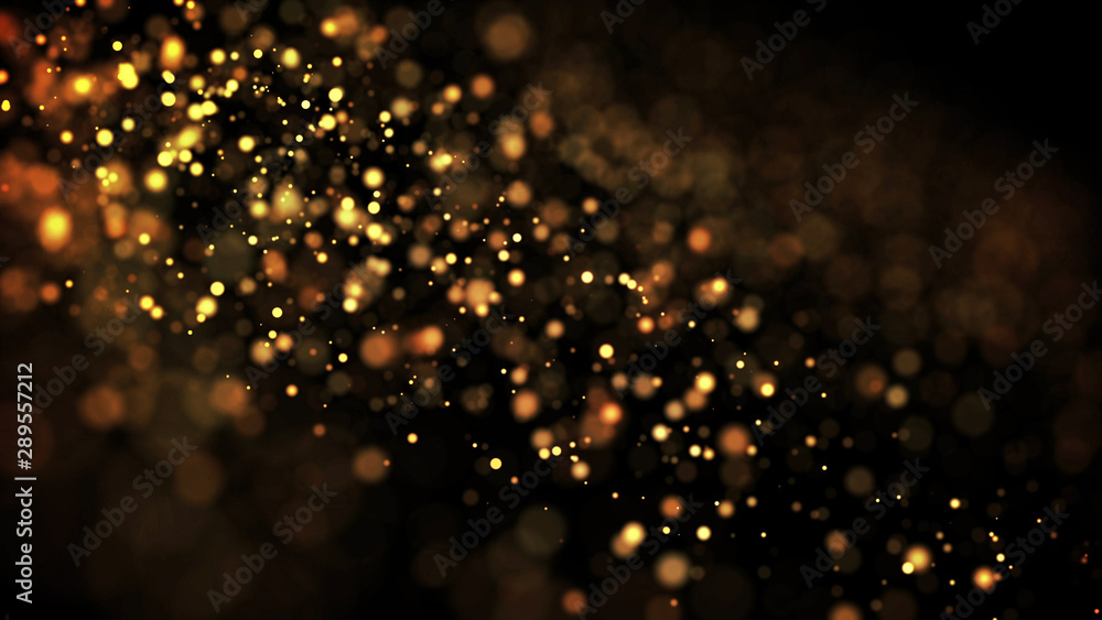 Poster composition of gold particles with a depth of field 3d render