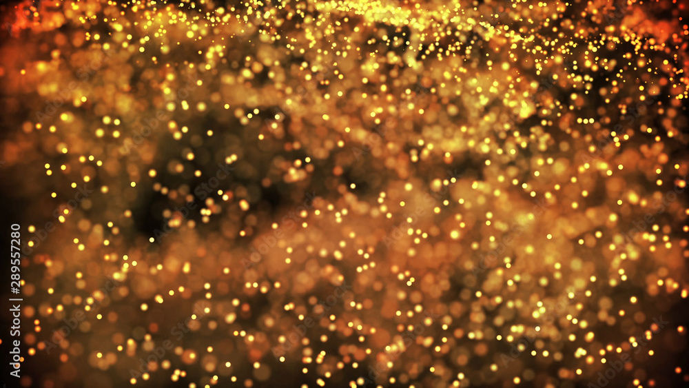 Poster composition of gold particles with a depth of field 3d render