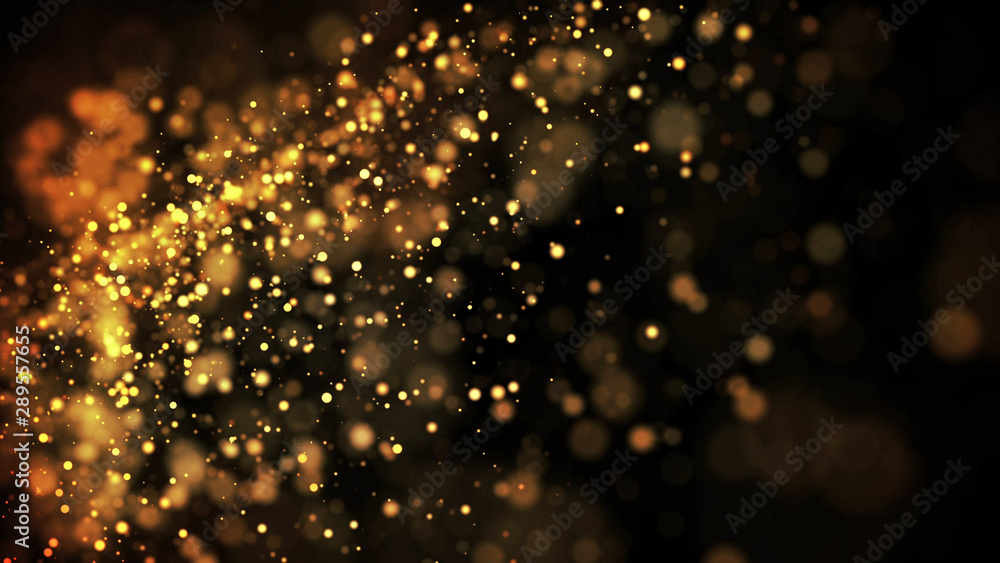 Aufkleber composition of gold particles with a depth of field 3d render