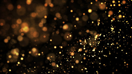 composition of gold particles with a depth of field 3d render