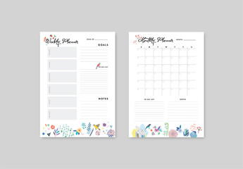 Weekly and Monthly Planner Layout with Illustrative Elements