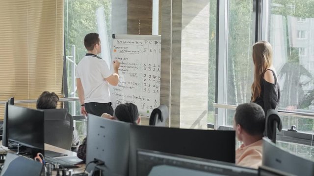 Male manager presents new project plan to colleagues at meeting. Creative business team having meeting at office. Brainstorm. Team leader presenting project strategy showing ideas on whiteboard. 4k