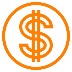Dollar currency sign symbol - orange simple outline inside of circle, isolated - vector