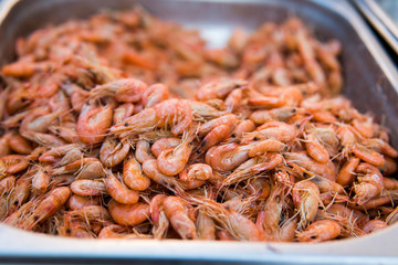 Shrimps. Cooked shrimps. Pile of little shripms.