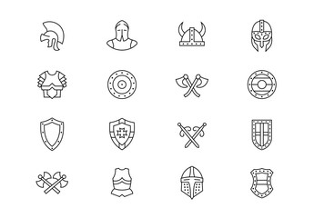 Medieval armour thin line icons. Editable stroke