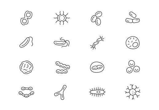Bacteria and microbes thin line vector icons. Editable stroke