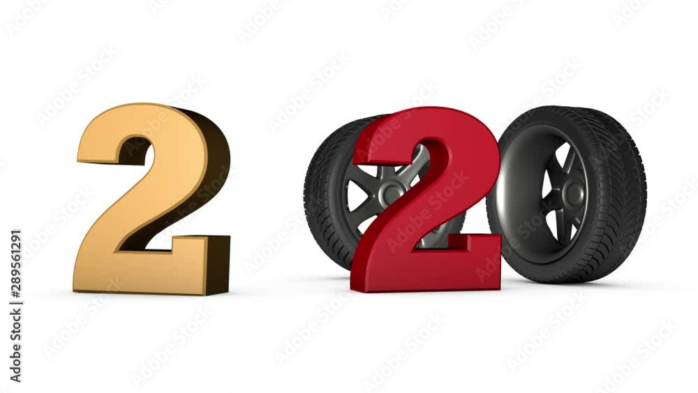 Poster 3d animation of 2020 numbers and moving wheels instead of zeros
