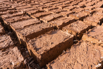 Paving stones clay bricks, hand-made exposed to the sun to dry in Morocco