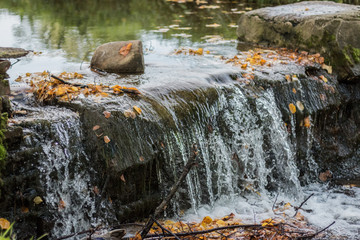 A small waterfall, around stones and autumn leaves