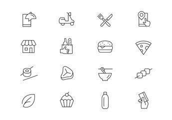 Food delivery service thin line vector icons. Editable stroke