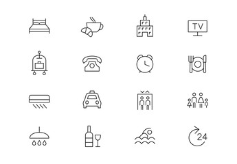 Hotel services thin line vector icons. Editable stroke
