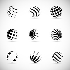 Globe Logo Set - Isolated On Gray Background - Vector Illustration. Abstract Globe Vector For Web Icon, Tech Logo And Element Design. 3D Black Icons For Earth, Global, Globe, Planet And World Logo