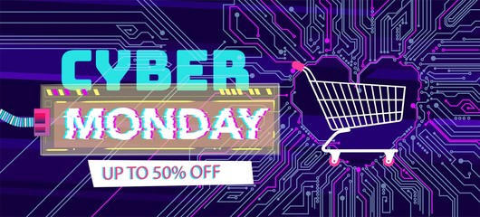 Cyber Monday background with glitch effect. Promo sale horizontal banner design. Abstract vector illustration with geometric shape. virtual shopping cart neon colors background, can be used for advert