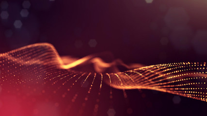 3d rendering background of glowing particles that form curved lines and 3d surfaces, grid with depth of field, bokeh. Microworld or sci-fi theme. Red gold © Green Wind