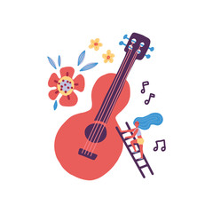 Tiny woman musicians playing guitar cartoon characters. Musical instrument, plant leaves, female guitarist with small ladder scandinavian style clipart. Music band concert flat hand drawn illustration