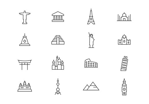 Travel landmarks thin line vector icons. Editable stroke
