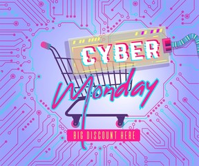 Cyber Monday background with glitch effect. Promo sale horizontal banner design. Abstract vector illustration with geometric shape. virtual shopping cart neon colors background, can be used for advert