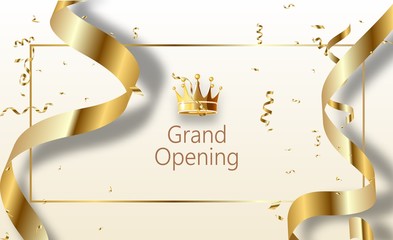 Grand opening sparkling banner. Text composition with golden splashes and ribbons.Gold sparkles. Elegant style.