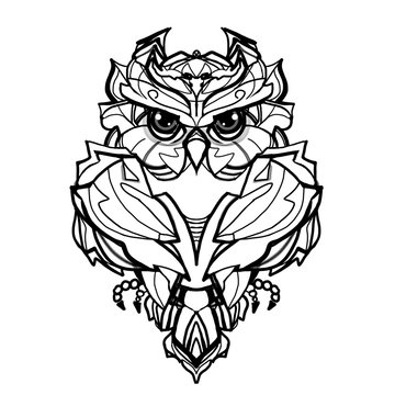 The bird-owl is drawn from black lines on a white background.