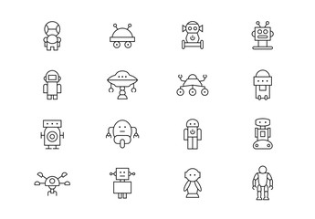 Robots thin line vector icons. Editable stroke