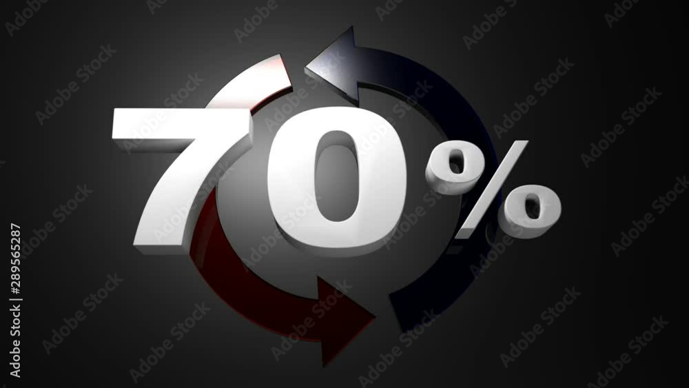 Poster the write 70% in front of a red and a blue arrows rotating in a circel - 3d rendering videoclip