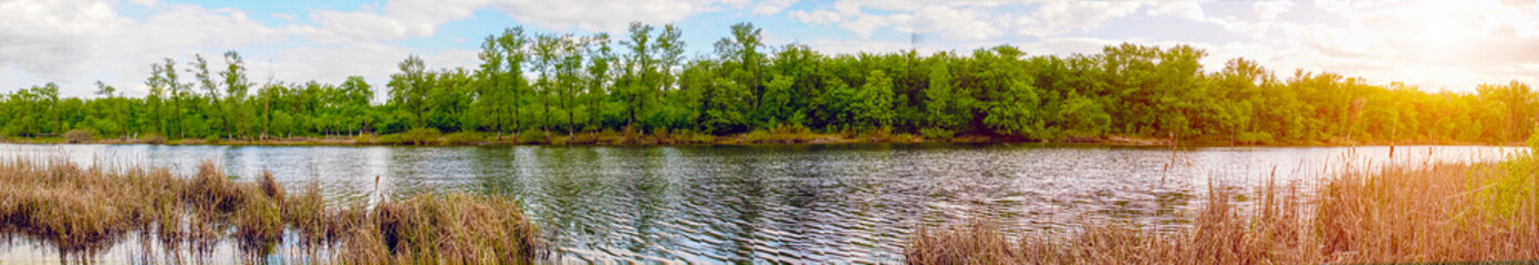 Panorama of the lake with a forest on the opposite shore in sunlight
