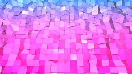3d rendering of low poly background with 3d objects and modern gradient colors blue red violet.