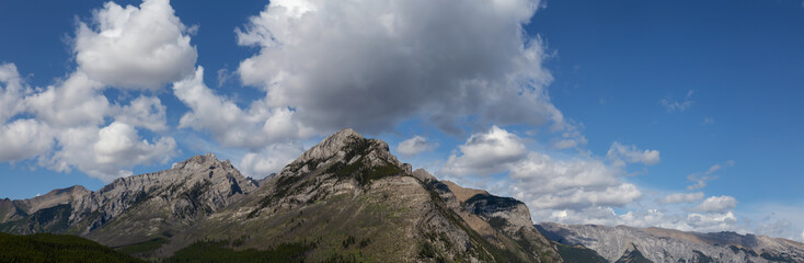 Beautiful Panoramic View of Canadian Mountain Landscape during a vibrant sunny summerday. Taken in Lake Minnewanka, Banff National Park, Alberta, Canada.