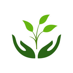 Icon of hands carefully holding green leaves. Symbol of ecology, environmental awareness, nature protection concept.
