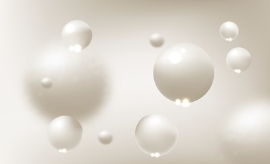 Light coloured Background with white balls, blur effect. 3d round spheres. Geometric design elements circle ball pattern.