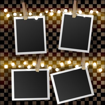 Set of square vector photo frames on binders and yellow light garlands. Template photo design.