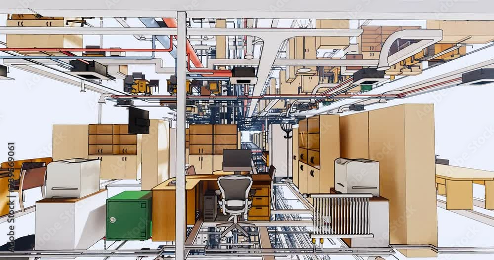 Poster conceptual computer model of an office building without walls