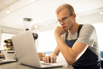 Young pensive male barista in uniform looking at online data on laptop display