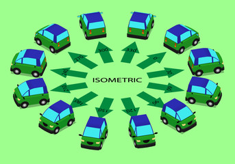 Twelve parked electric cars. Coupe in isometrics in different angles.