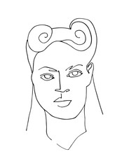 Linear portrait of abstract woman face with retro hairstyle. Continuous line art. One line drawing. Minimalist graphic.