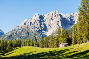 Mountainous landscape in morning in Italian dolomite Alps with green forest and small farm house, Sesto Dolomites in South Tyrol  - obrazy, fototapety, plakaty