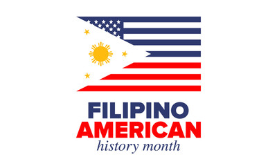 Filipino American History Month. Happy holiday celebrate annual in October. Filipinos and United States flag. Culture month. Patriotic design. Poster, card, banner, template. Vector illustration