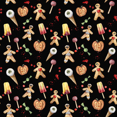 Watercolor seamless pattern with desserts. Hand painted helloween template with cookie, ice cream, candy and pumpkins isolated on black background. Holiday illustration for design, print, background.
