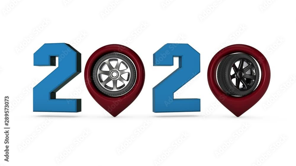 Poster 3d motion animation of 2020 new year date and navigation pins with car wheels instead of balls.