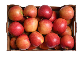 An image of a box with Alexander Apples with the combination of red and yellow colors as isolated object