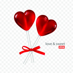 Two red heart lollipops with a beautiful red bow on a transparent background, tasty candy, lovers, a treat for children. Valentines day. Food, dessert, sugar. 3D effect. Vector illustration. EPS10