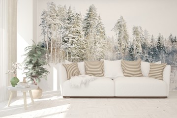 Stylish room in white color with sofa and decorated wall. Scandinavian interior design. 3D illustration