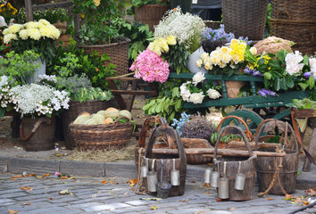 Vibrant outdoor flower market stall with various flowers in Bath, Somerset, United Kingdom