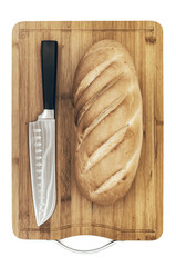 bread and chefs knife on hardboard
